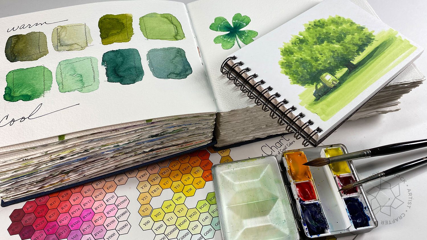 Warm and cool greens: part 1, watercolor and Copic