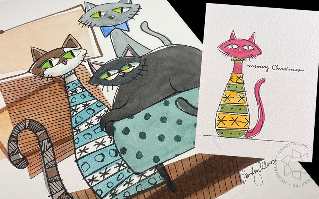 Draw a retro Christmas cat (card and a painting)