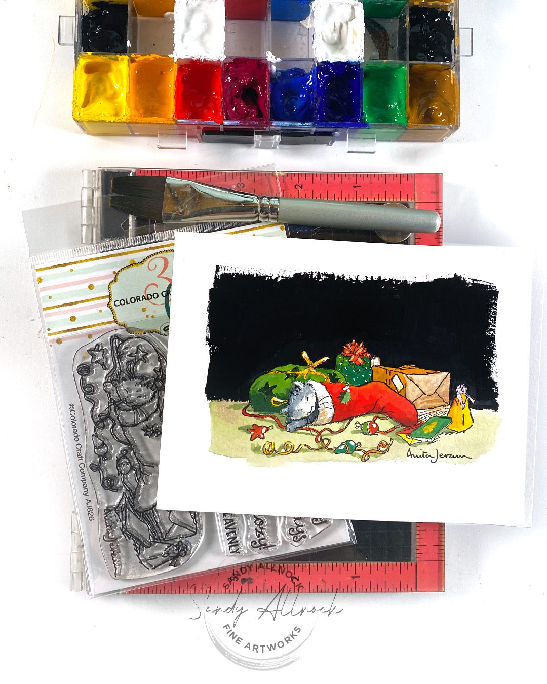Sandy Allnock Strong Color Stamping and Gouache Cozy Cat
