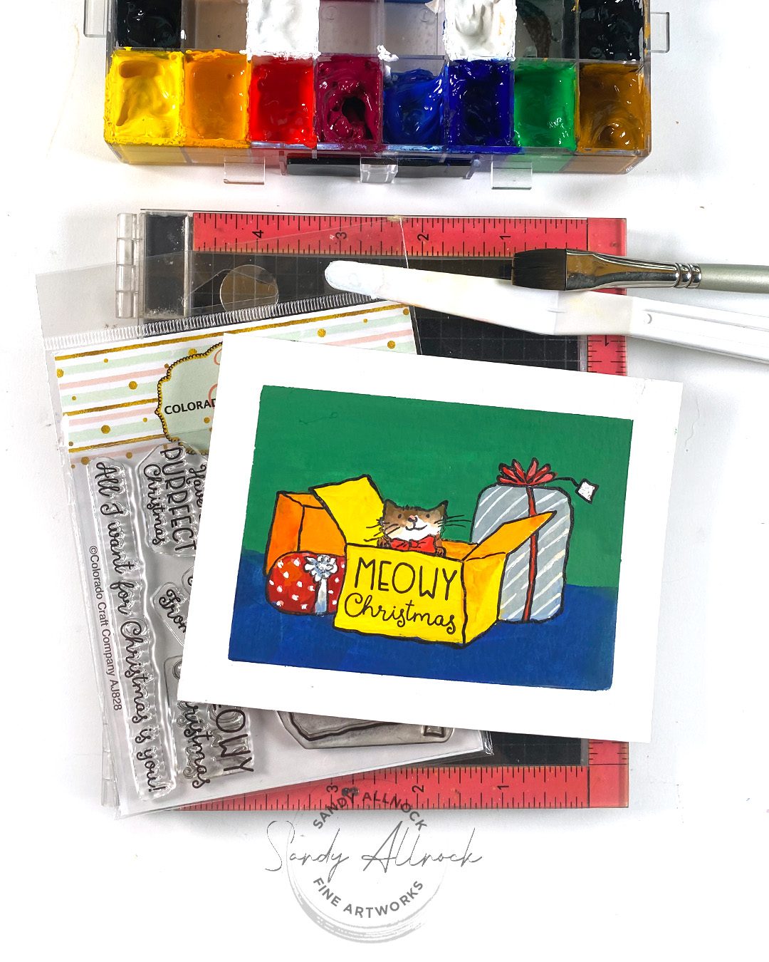 Sandy Allnock Strong Color Stamping and Gouache Meowy Christmas