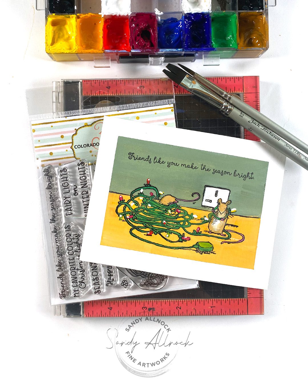 Sandy Allnock Strong Color Stamping and Gouache Mice Lights